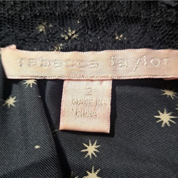 Rebecca Taylor Blouse Black Starburst‎ Printed Silk Lace Trim Size 2 - Picture 8 of 9
